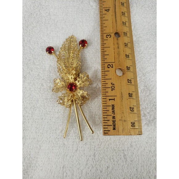 Vintage Gold Filigree Flower Pin Brooch Red Faux Ruby Stones Beautiful 3.5" - Picture 14 of 14